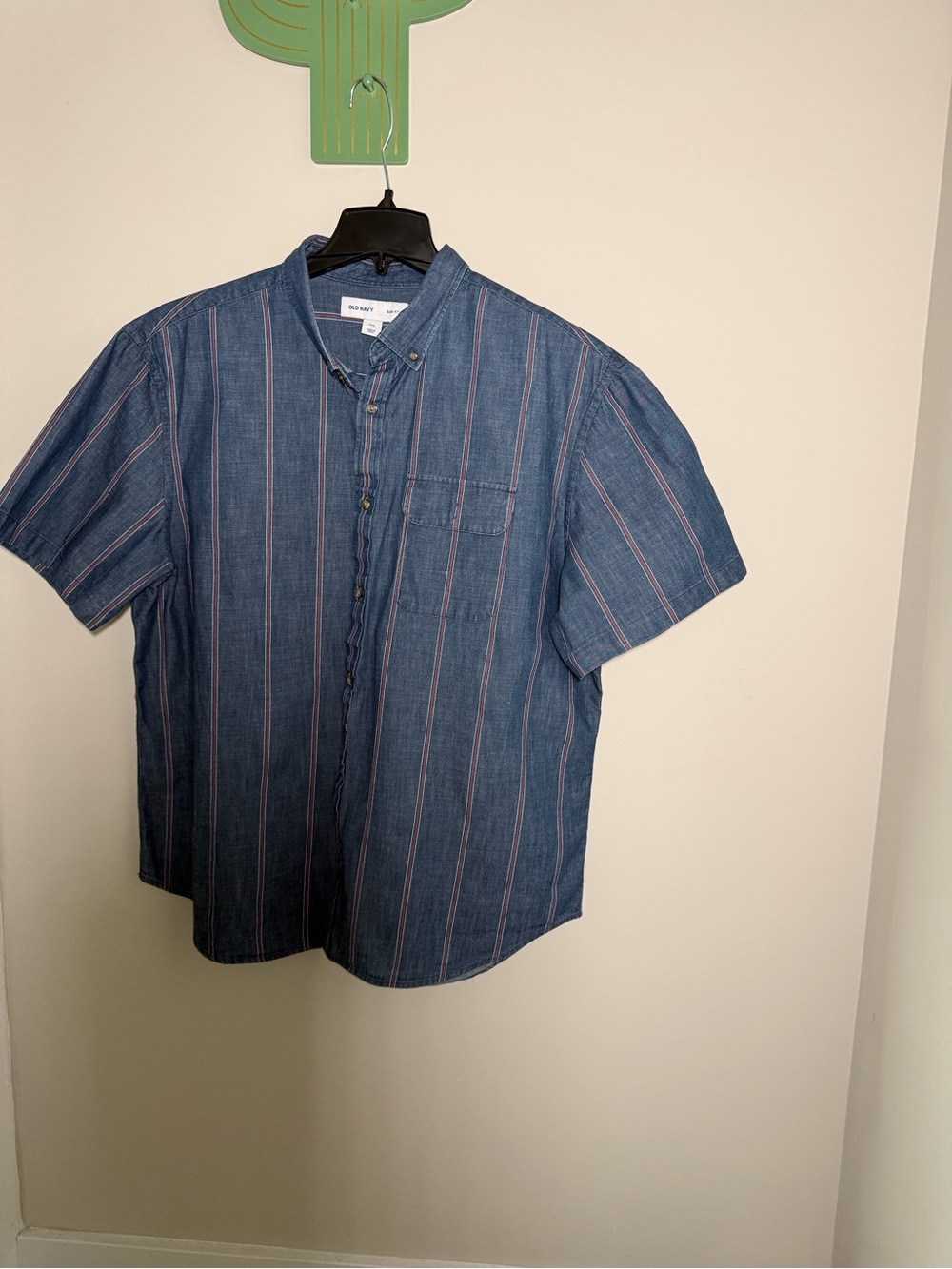 Old Navy Blue Short-Sleeve Button-Down with Pink Pinstripes